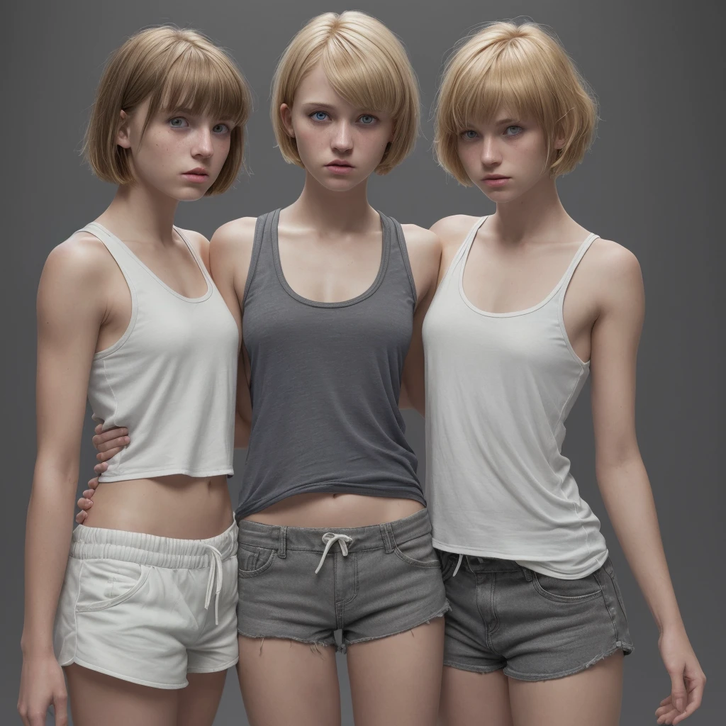 one 28-year-old girl and one 18-year-old girl, in a white tank top and small shorts (Standing dark gray background) one of two girls looking down and one looking strait, Highly detailed, blonde Buzz cut Hair, ginger short Haircut with bangs, dark-blue eyes, high resolution, The best quality, Highly detailed, sharp focus, detailed skin, texture, detailed eyes, professional, 4k, extremely detailed, Photo_\(ultra\), Realstic, Maximum details, Atmospheric lighting.