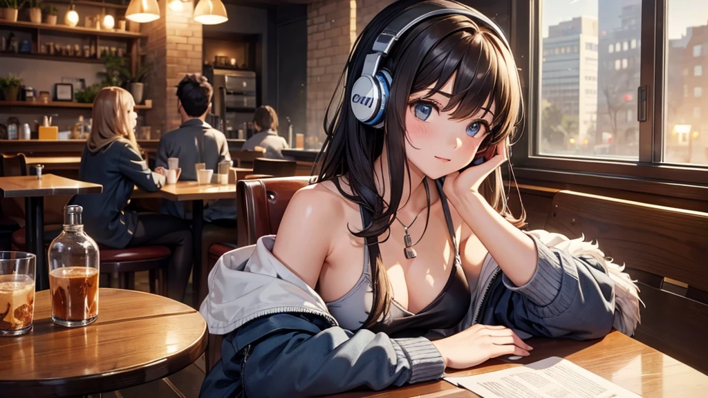 Girl with headphones enjoying music in a cafe I am studying Emphasize a little bit of the chest