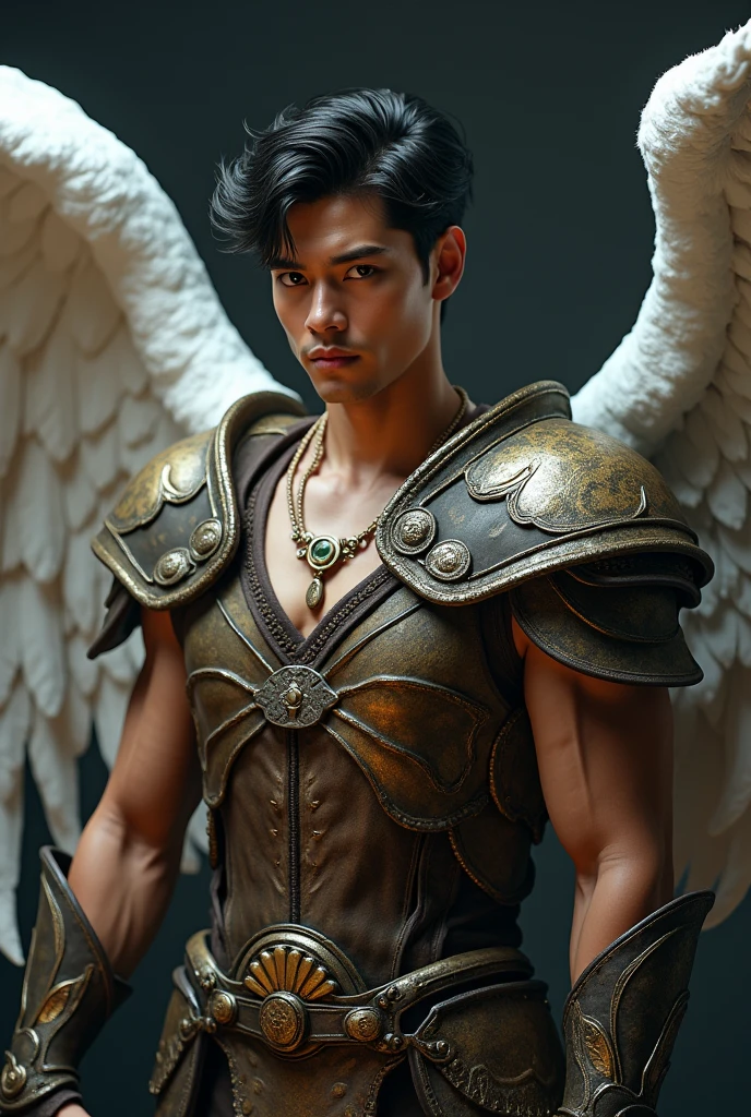 masterpiece, best quality, realistic, ultra detailed, sexy, homoerotic, dungeons and dragons, character design, extremely handsome 30-year old chinito filipino, stylish dark hair, white angel wings, organic "monster hunter" style heavy armor made of dragon scales and horns, dramatic heroic pose,