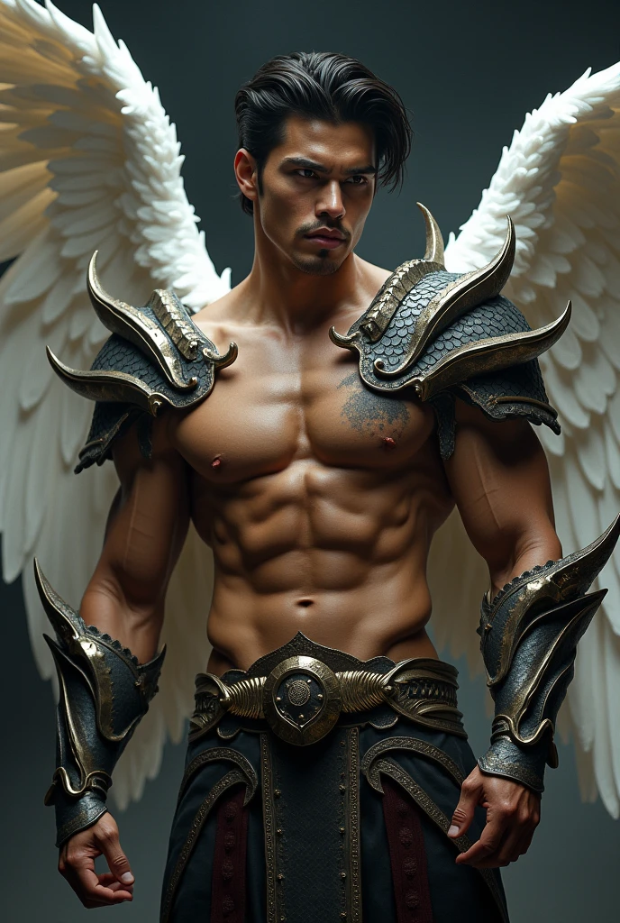 masterpiece, best quality, realistic, ultra detailed, sexy, homoerotic, dungeons and dragons, character design, extremely handsome 30-year old chinito filipino, stylish dark hair, white angel wings, organic "monster hunter" style heavy armor made of dragon scales and horns, dramatic heroic pose,
