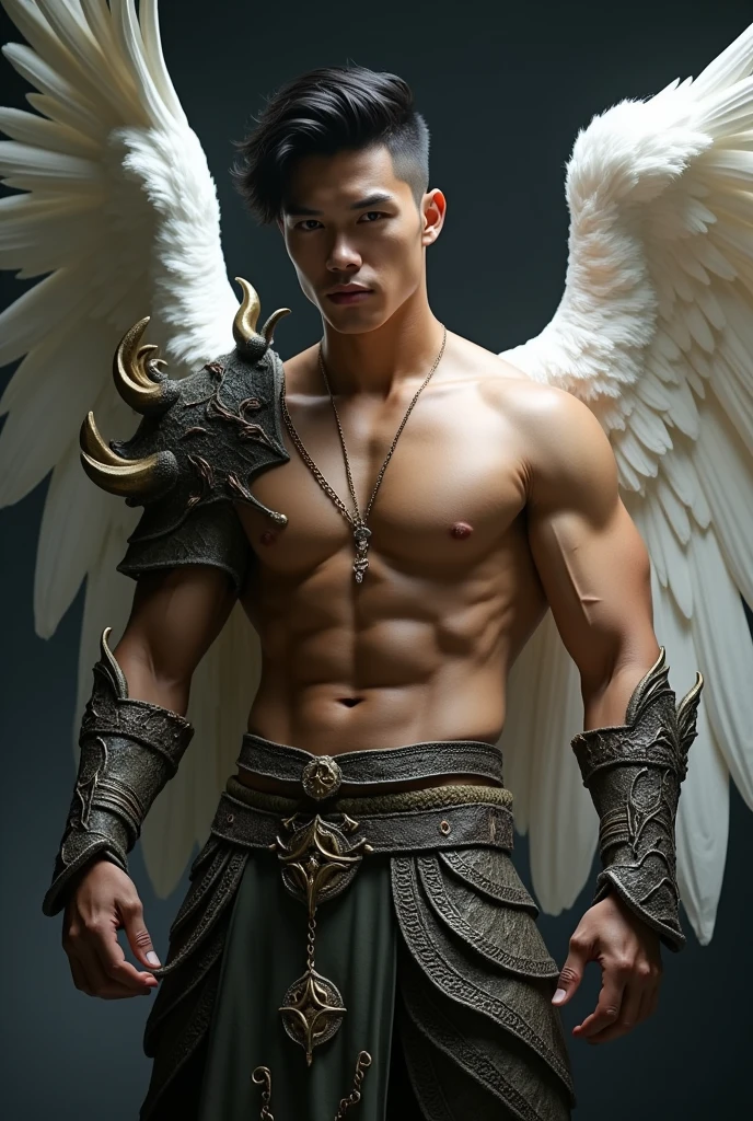 masterpiece, best quality, realistic, ultra detailed, sexy, homoerotic, dungeons and dragons, character design, extremely handsome 30-year old chinito filipino, stylish dark hair, white angel wings, organic "monster hunter" style heavy armor made of dragon scales and horns, dramatic heroic pose,