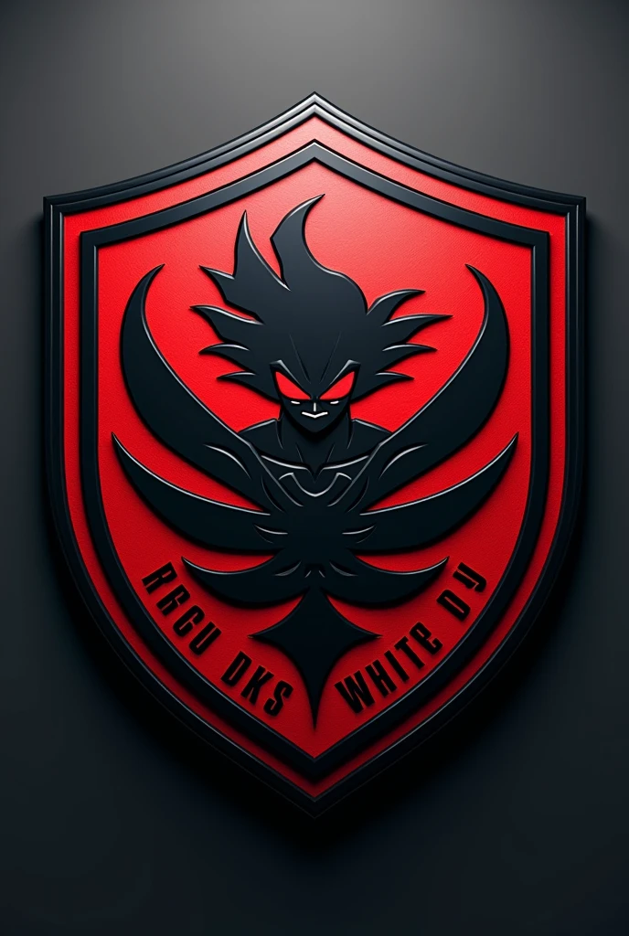 "Create a round football shield in a modern style with black and red colors. Place an image of Evil Goku at the center of the shield. Above the shield, include the team name 'White DKS,' and below the shield, add the text 'Rei dos Passes.' Ensure the design is sharp and in high-definition 4K."
