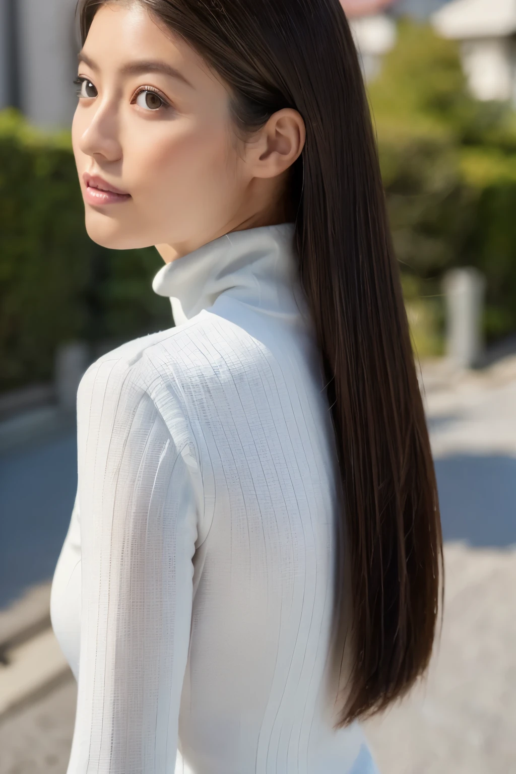 ((top-quality, in 8K, masterpiece:1.3)), Beautiful Japanese woman, perfect body:1.4, Slim abs:1.2, ((Straight hair:1.2)), (turtle neck:1.1), (a street:1.2), wetbody:1.5, Three-dimensional texture, A detailed eye, Brown hair, very thin waist, posterior view, looking back to the viewers