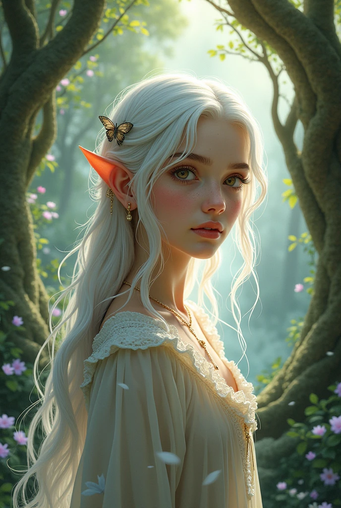 An elf world, where is a girl with white hair and hazel eyes