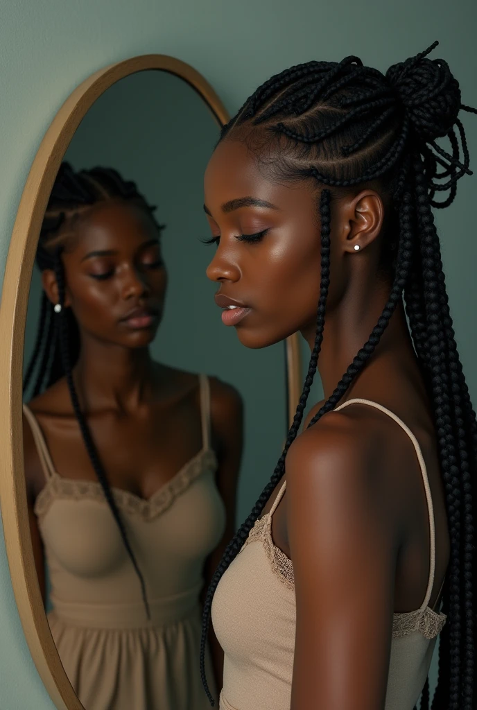 Image of a sad black woman with braids in her hair Looking in the mirror and seeing a  black-skinned girl dancing happily 