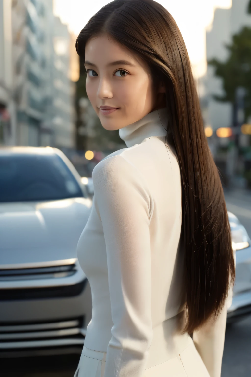 ((top-quality, in 8K, masterpiece:1.3)), Beautiful Japanese woman, perfect body:1.4, Slim abs:1.2, ((Straight hair:1.2)), (turtle neck:1.1), (a street:1.2), wetbody:1.5, Three-dimensional texture, A detailed eye, Brown hair, very thin waist, posterior view, looking back to the viewers