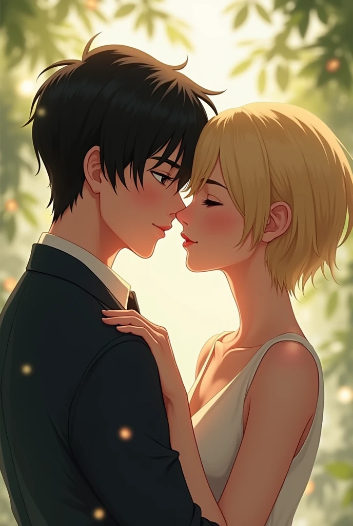 A couple where there is a blonde with short hair and a brunette with very straight black hair 
