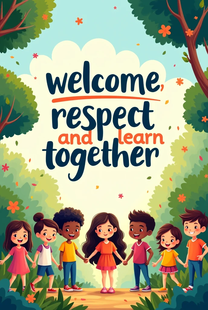 Banner to be printed in size 1,2m x 90cm. theme "welcoming school" with the following sentence "Welcome, respect and learn together".