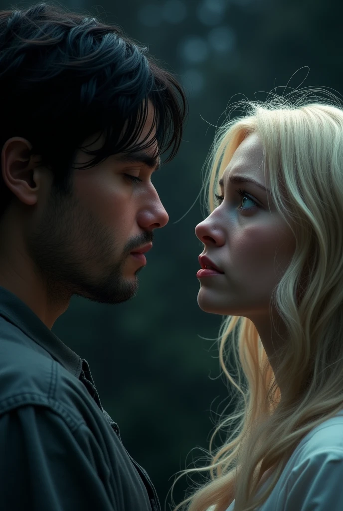 A girl with beautiful long blond hair was captured by a guy with black hair. There is fear and sadness on her face.. The guy tries to put a muzzle on her