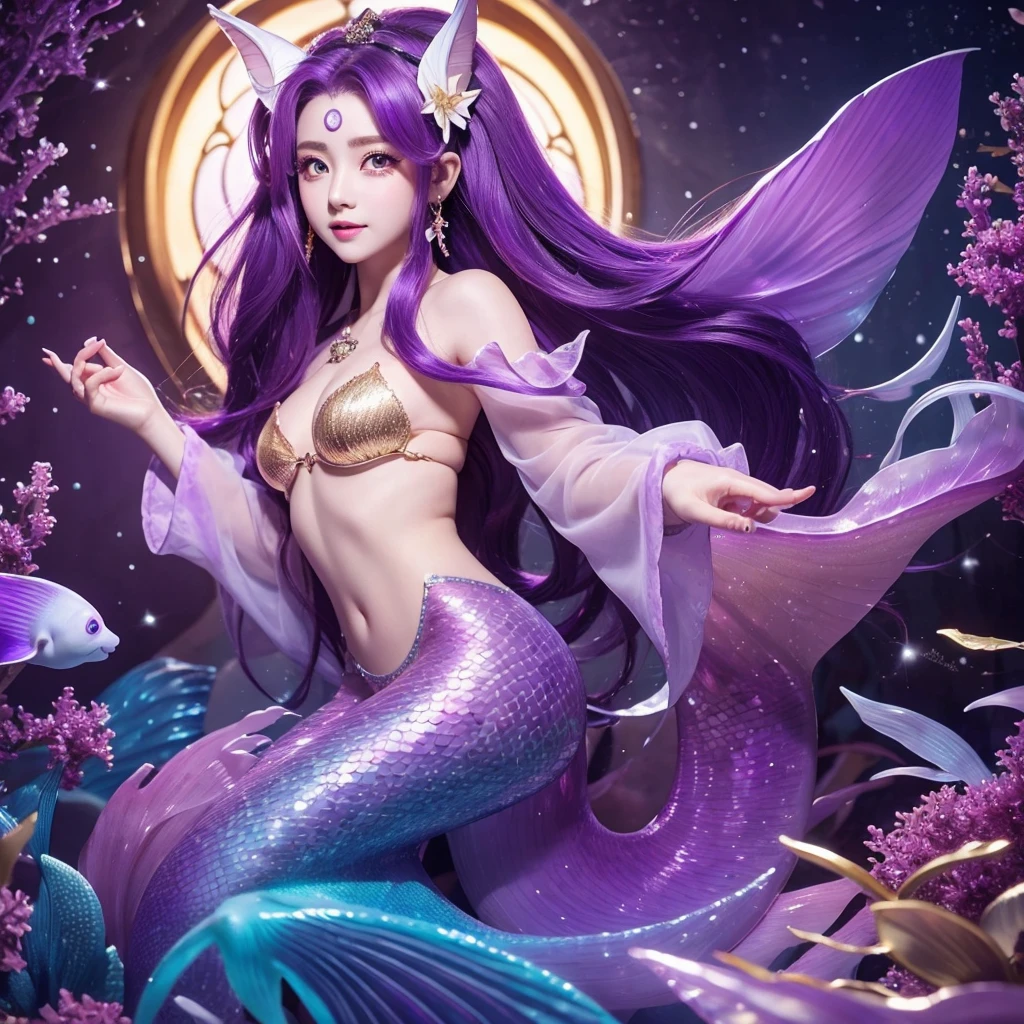 Purple gradient hair。Golden Eyes。Deep purple scales。Light purple tail fin。Pearl ornaments。Ears are translucent fins。Beautiful Little Mermaid。Living in a castle in the deep sea。