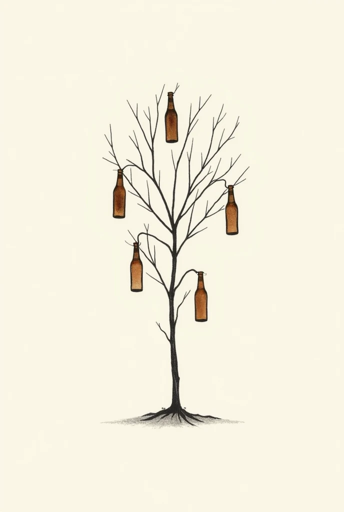 thin black line tattoo of  willow tree with brown beer bottles tied to the ends of the branches