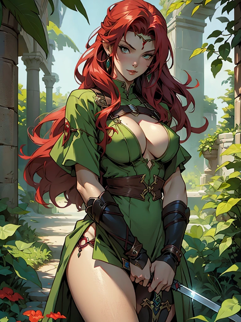 Poison Ivy is red Sonja huge breast, slutty girl with massive Sword. Fantasy art. Metallic clothes 