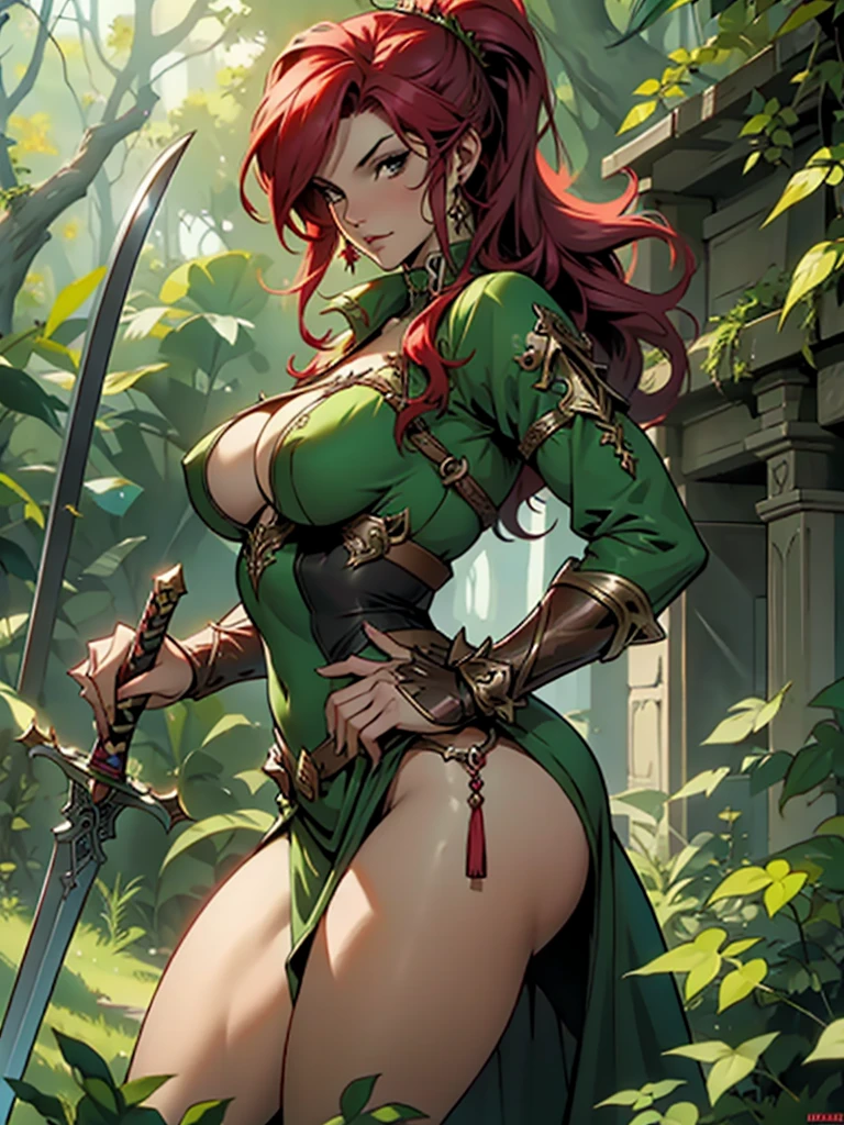 Poison Ivy is red Sonja huge breast, slutty girl with massive Sword. Fantasy art. Metallic clothes
