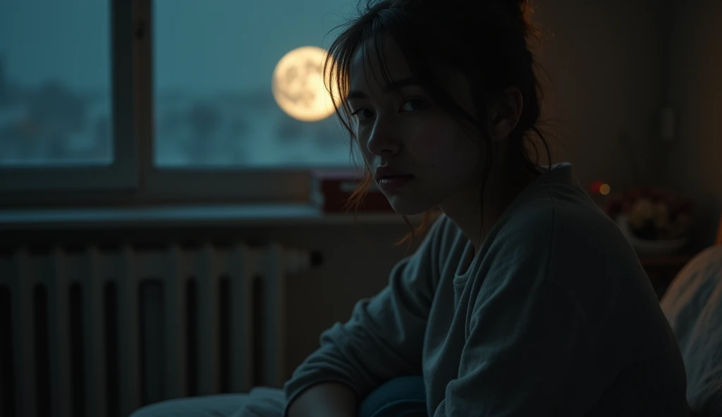 An intimate, close-up photo of a person sitting alone in a cozy, dimly lit room, illuminated only by the soft glow of a full Moon visible through a window. The person appears contemplative, with a focus on their emotional expression and the Moonlight gently illuminating their face. --ar 16:9