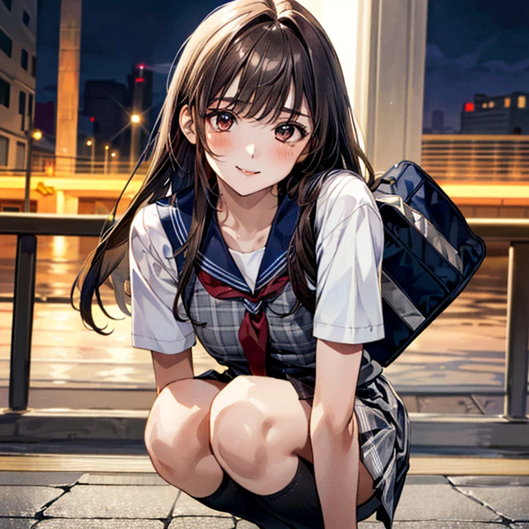 (masterpiece:1.3, top-quality), ultra high res, ultra detailed, (realistic, photorealistic:1.4), beautiful illustration, perfect lighting, colorful, depth of fields, 
looking at viewer, (face focus, upper body), 1 girl, 独奏, hight school girl, gravure model, (large breasts:0.8, large ass, seductive thighs, skindentation),
(long hair:1.2, straight hair:1.2, hair intakes, Bronze hair), asymmetrical bangs, (brown) eyes, drooping eyes, big eyes, shiny skin, 
beautiful hair, beautiful face, extremely detailed face, beautiful detailed eyes, beautiful clavicle, beautiful body, beautiful chest, beautiful thigh, beautiful legs, beautiful fingers, 
(detailed cloth texture, navy knit vest, collared short sleeve white shirt, grey plaid pleated skirt, grey plaid tie), black socks, white panties, black school bag,
(beautiful scenery), evening, (downtown, ), squatting, (lovely smile. upper eyes), (((Ultra-small sailor uniform)))