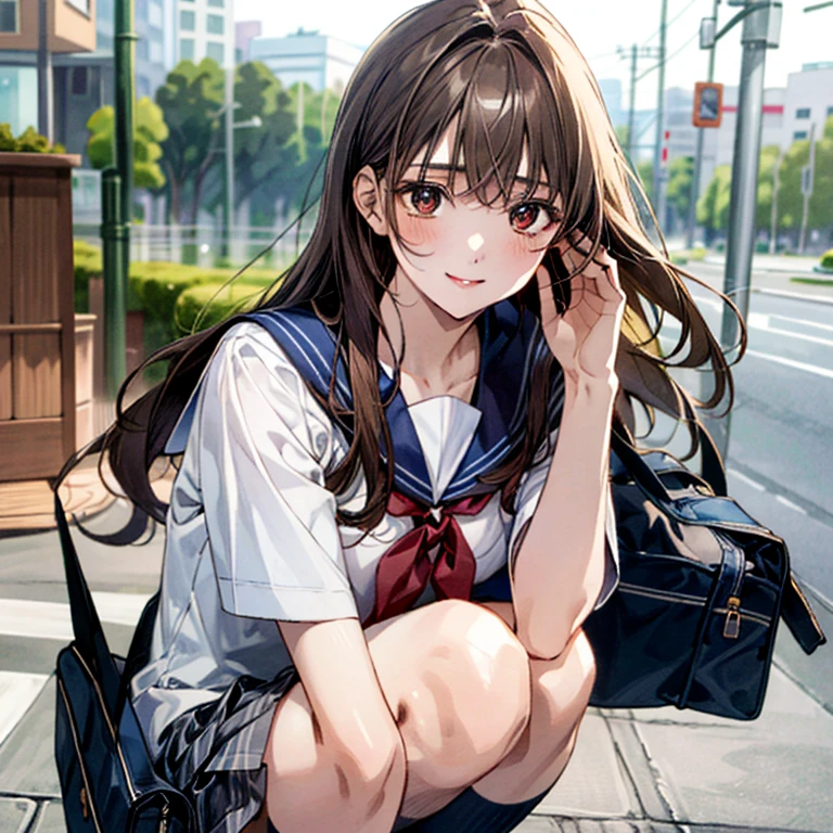 (masterpiece:1.3, top-quality), ultra high res, ultra detailed, (realistic, photorealistic:1.4), beautiful illustration, perfect lighting, colorful, depth of fields, 
looking at viewer, (face focus, upper body), 1 girl, 独奏, hight school girl, gravure model, (large breasts:0.8, large ass, seductive thighs, skindentation),
(long hair:1.2, straight hair:1.2, hair intakes, Bronze hair), asymmetrical bangs, (brown) eyes, drooping eyes, big eyes, shiny skin, 
beautiful hair, beautiful face, extremely detailed face, beautiful detailed eyes, beautiful clavicle, beautiful body, beautiful chest, beautiful thigh, beautiful legs, beautiful fingers, 
(detailed cloth texture, navy knit vest, collared short sleeve white shirt, grey plaid pleated skirt, grey plaid tie), black socks, white panties, black school bag,
(beautiful scenery), evening, (downtown, ), squatting, (lovely smile. upper eyes), (((Ultra-small sailor uniform)))