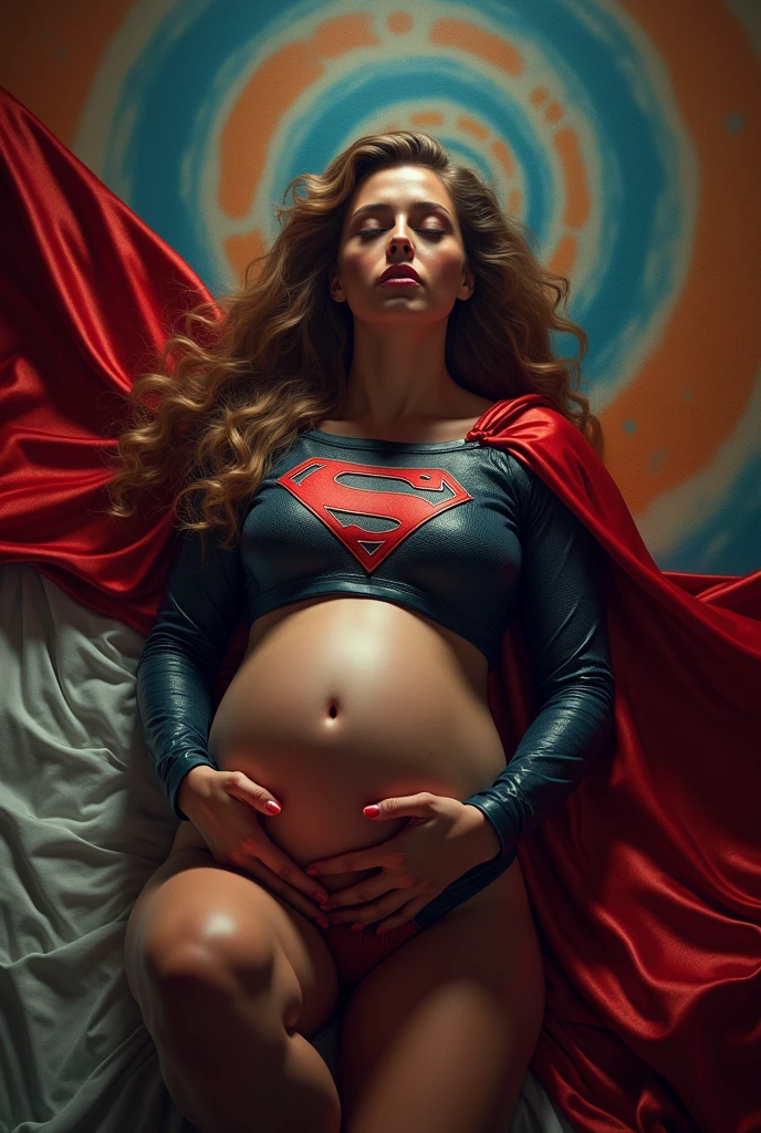 A PREGNANT SEXY SUPERGIRL, WEARING HER LEATHER SUPERGIRL OUTFIT AND CAPE, LAYING ON HER BED HYNOPTIZED, HOLDING HER BELLY. LARGE HYPNOTIC CIRCLES BEHIND HER. INCREDIBLE DETAILS, HYPER DETAILED IN 8K RESOLUTION, MILLIONS OF COLORS.