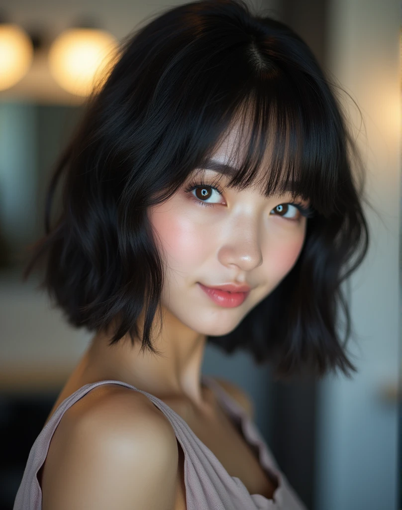 RAW photo, best quality, masterpiece, photorealistic, Polish girl, 20 years old, black hair, Light grey eyes, short bob cut, hair in 7 thirds, hair over one ear, Symmetrical eyes, solo, Detailed Skin, Detailed face, Detailed hands, Big Breasts, rip gloss, She is getting her hair cut in a stylish beauty salon, a smiling Japanese blonde female hairdresser is standing in the customer seat, taking a selfie in the mirror