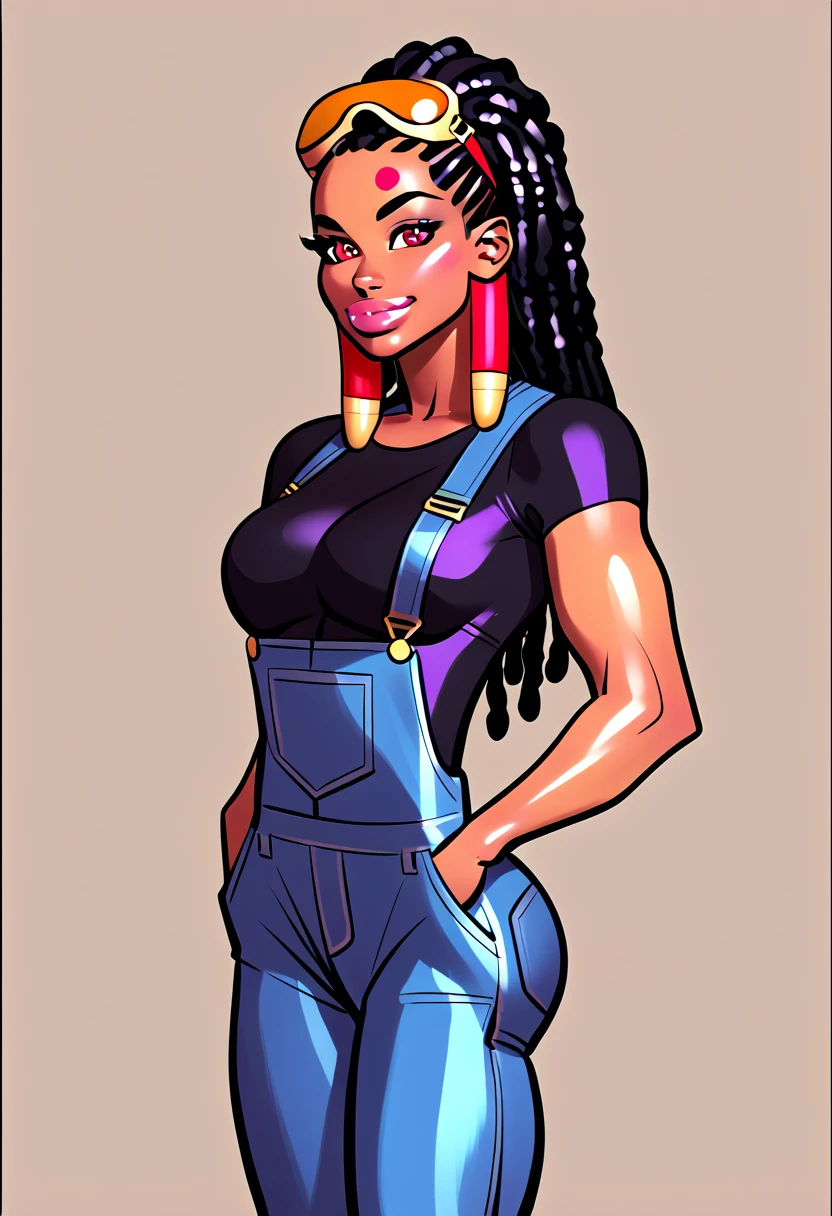 score_5_up,score_6_up,score_7_up,
1girl, solo, hand in pockets, wearing (blue overalls, black crop_top), facial mark, goggles_on_head, dark-skinned female, black hair, long hair, dreadlocks, red eyes, hair_tubes, simple background