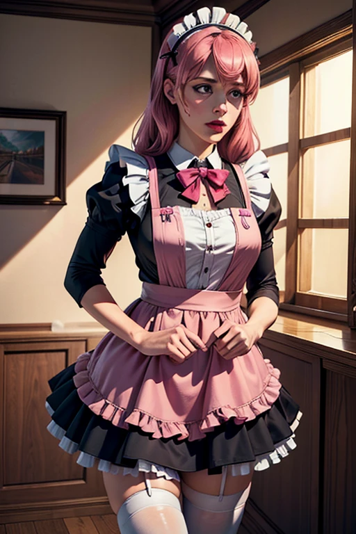 1girl, long pink hair, maid uniform, maid apron, maid headdress, bow, cube hair ornament, heart hair ornament, frills, short dress, mary janes, thighhighs, white thighhighs, zettai ryouiki, gloom expression, looking away, sweatdrop, heart hands, (best quality, 4k, 8k, highres, masterpiece:1.2), ultra-detailed, (realistic, photorealistic, photo-realistic:1.37), studio lighting, vivid colors, soft lighting