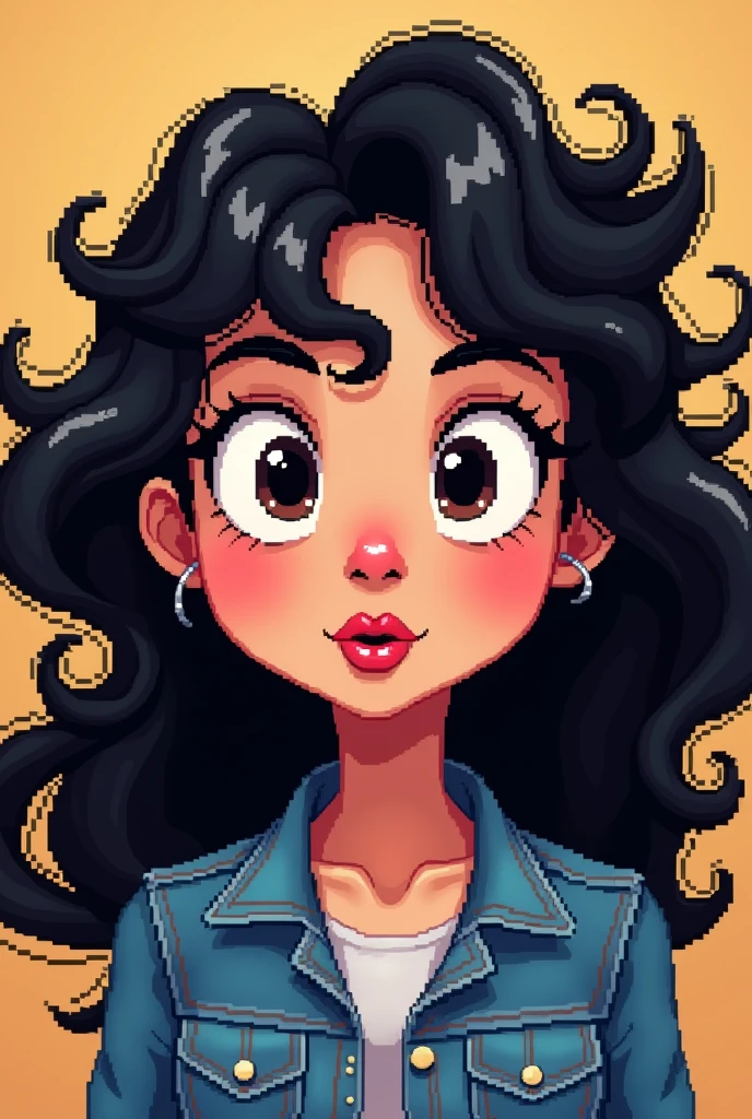 brunette woman, black person hair curly kinky layered long defined white streak, chubby, denim clothing, Brown eyes, reddened mouth, dark eyes, big and wide face, Disney pixel animation style wide nose