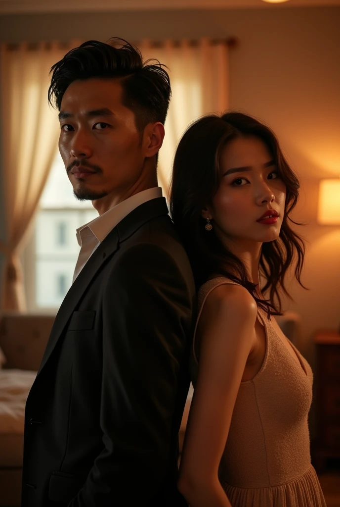a very handsome male ceo, tall with a good body (Asian face) looking at a beautiful woman with wavy hair very beautiful , Asian face , wearing casual clothes poster, cinematic, warm picture, they stand back to back