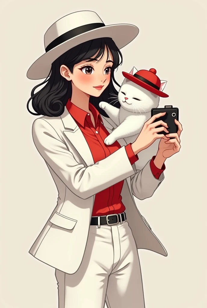A girl in a white hat and white suit with a red shirt taking a selfie with a white cat who has a red mini hat