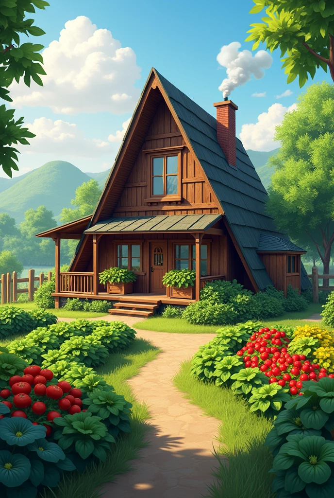 A-frame cabin surrounded by vegetable garden