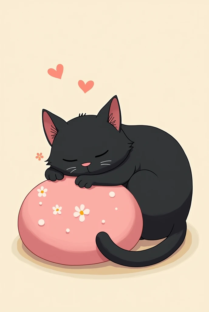  a cat on top of a pink mochi , The cat that is black is more adorable and that is hugging the mochi and looks traditional Ghibli anime style
