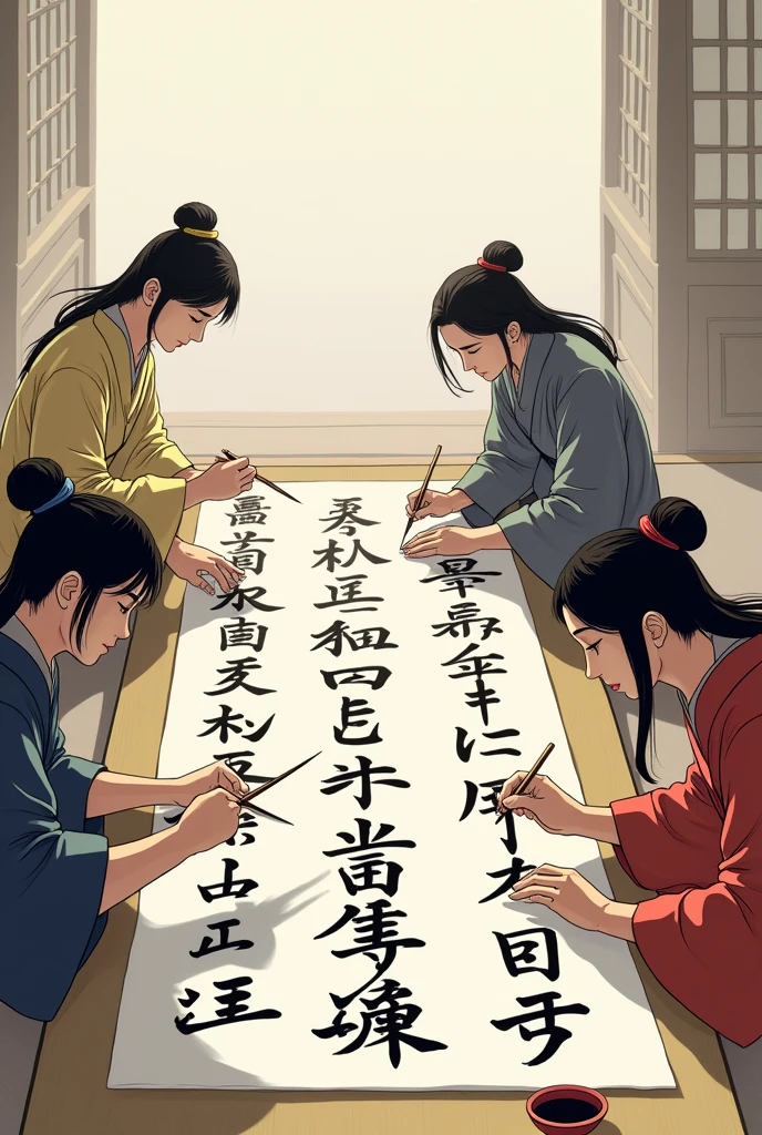 Many Japanese characters write jiragana on a sheet of paper in complex kanji and katakana