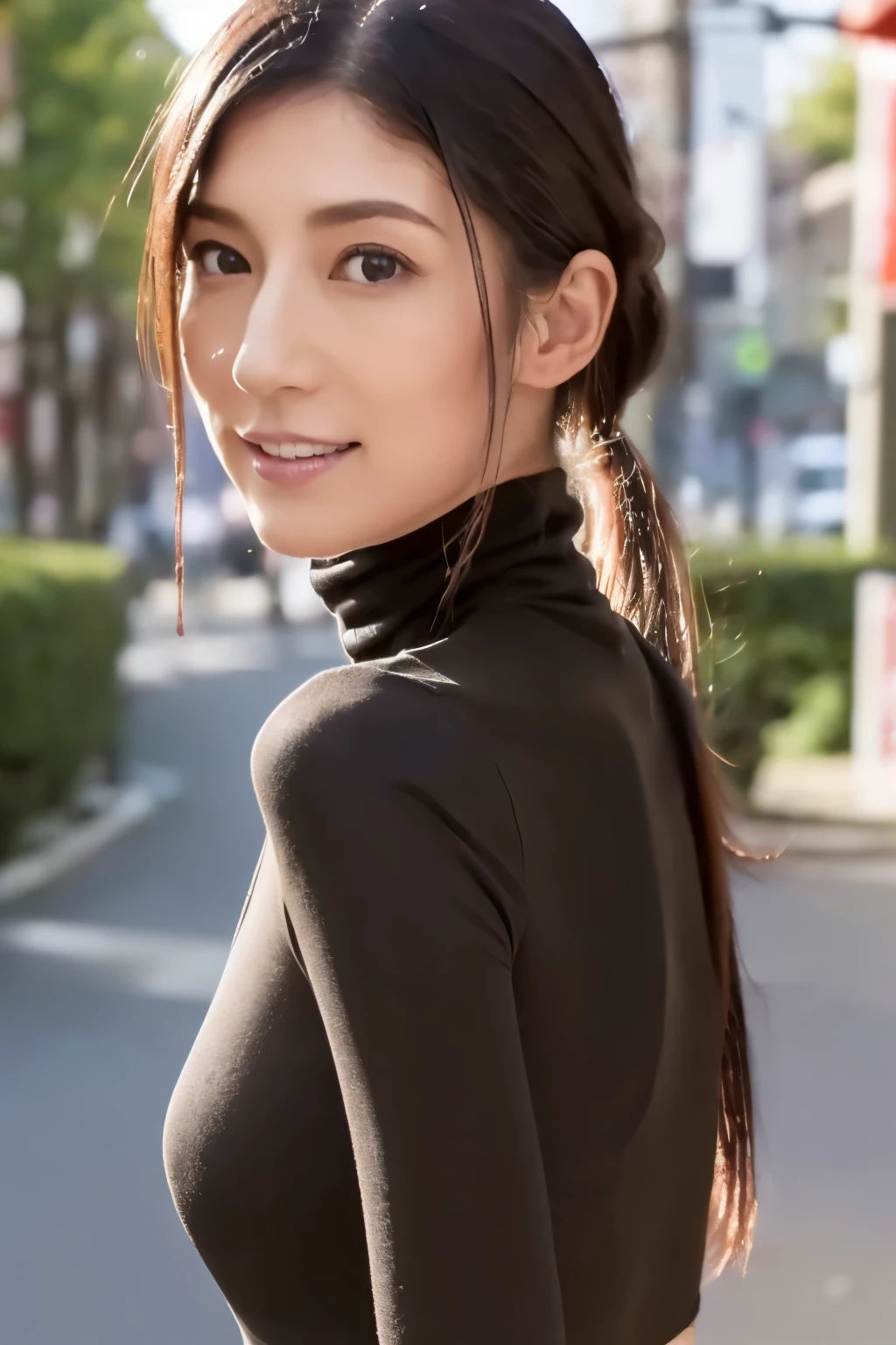 ((top-quality, in 8K, masterpiece:1.3)), Beautiful Japanese woman, perfect body:1.4, Slim abs:1.2, ((Straight hair:1.2)), (turtle neck:1.1), (a street:1.2), wetbody:1.5, Three-dimensional texture, A detailed eye, Brown hair, very thin waist, posterior view, looking back to the viewers