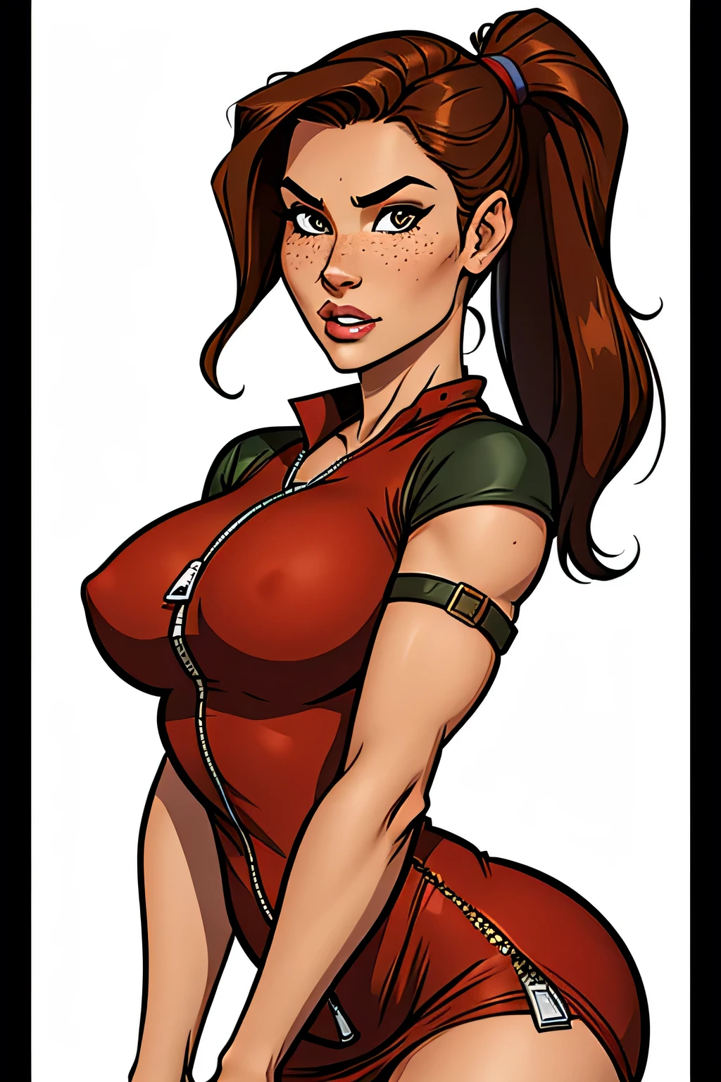 Thin woman (Lara Croft), age 25, 4K (High definition), thoughtful, seducing gaze, eyes browns, wearing a red dress (com zipper lateral) and short sleeves, arms positioned at the side of the body, brunette skin, long brown hair tangled (pony-tail), standing (upper body), full of curves with freckles on her chest and neck, round breasts. High-quality Marvel style, white background.