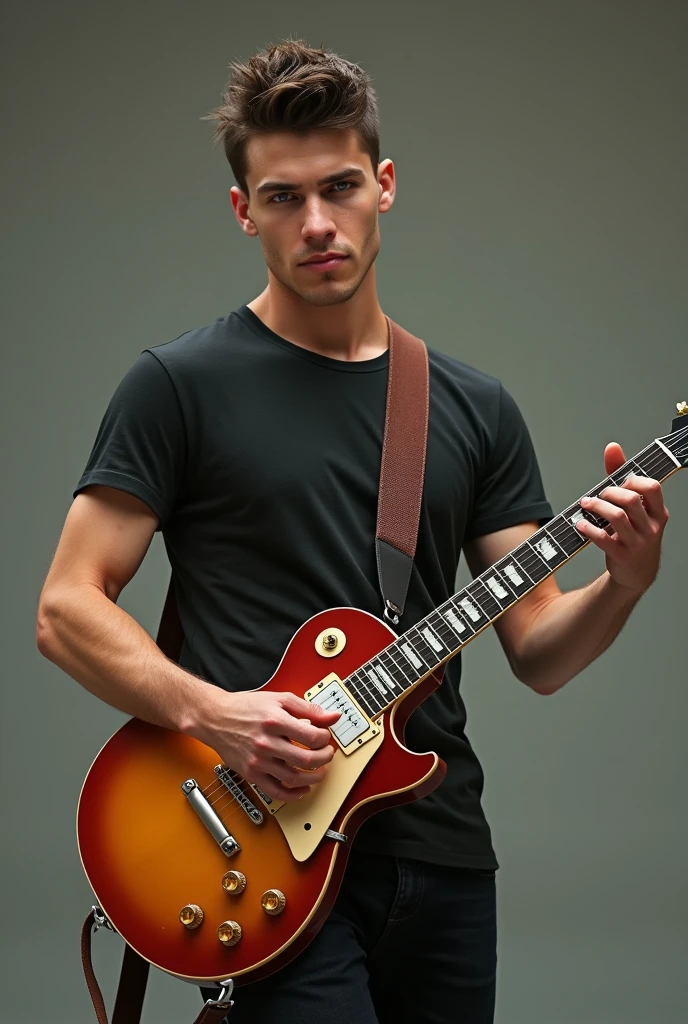 25 year old Caucasian young man playing electric guitar. This is a 1959 Gibson Les Paul. The man got a fade at the hairdresser so his hair is very well done. The man has slightly green eyes. He is dressed classy but without overdoing it.. Small Casual T-shirt with fitted pants. 