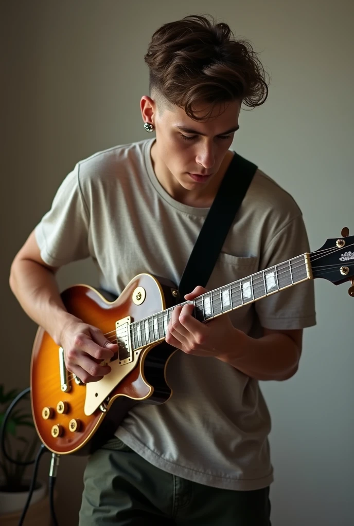 25 year old Caucasian young man playing electric guitar. This is a 1959 Gibson Les Paul. The man got a fade at the hairdresser so his hair is very well done. The man has slightly green eyes. He is dressed classy but without overdoing it.. Small Casual T-shirt with fitted pants. 