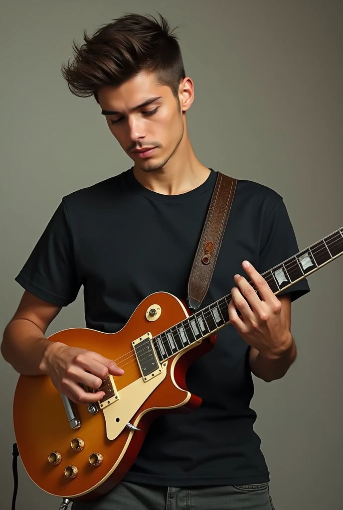 25 year old Caucasian young man playing electric guitar. This is a 1959 Gibson Les Paul. The man got a fade at the hairdresser so his hair is very well done. The man has slightly green eyes. He is dressed classy but without overdoing it.. Small Casual T-shirt with fitted pants.