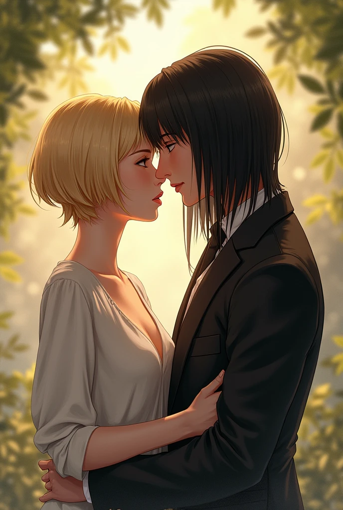 A couple where there is a blonde with short hair and a brunette with very straight black hair 
