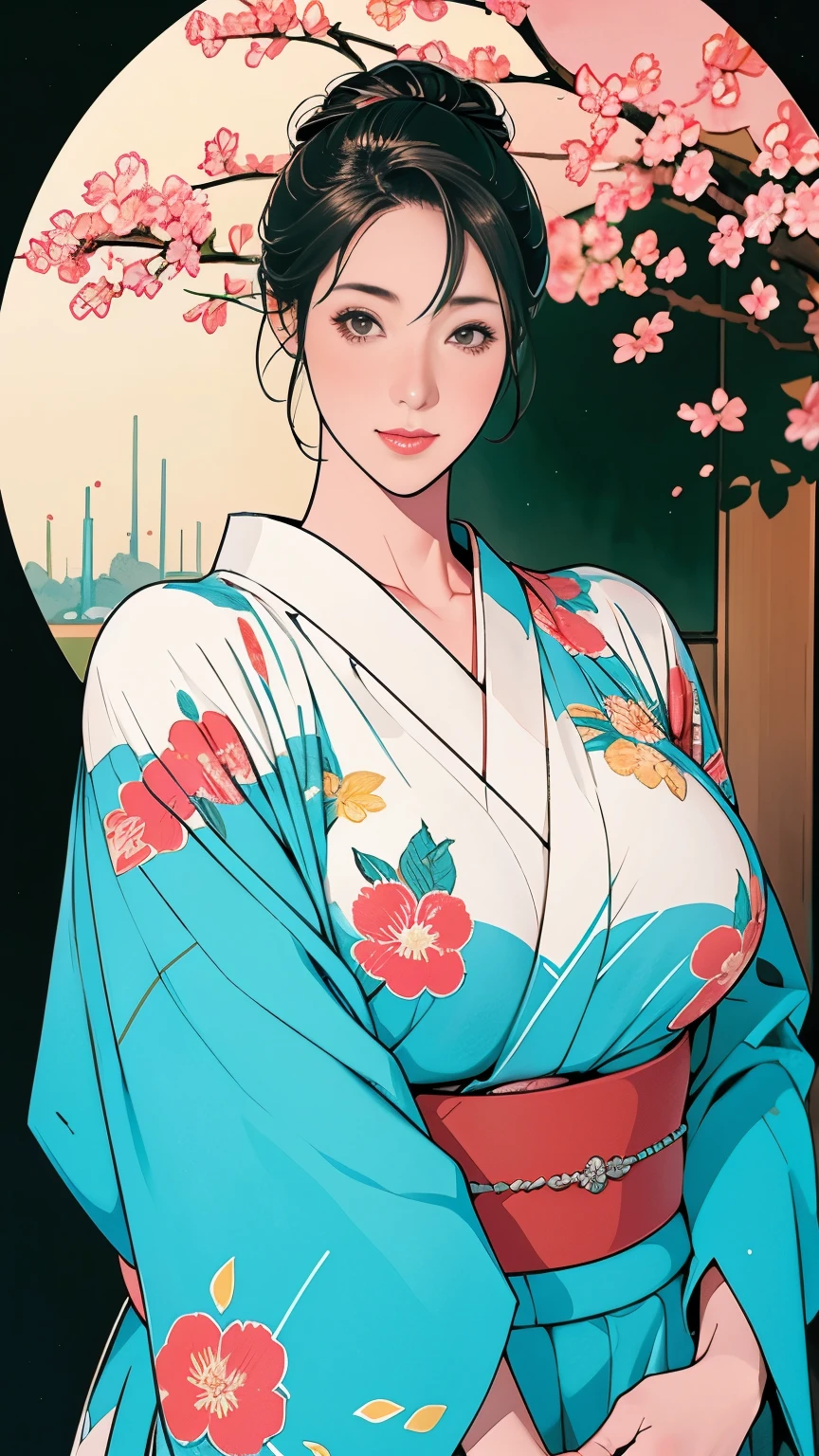 11，Japanese hairstyle，Photorealism，detailed，masterpiece，mature，((full))， (Broad shoulders), ((Huge))，（Beautiful long-sleeved kimono，Kimono，smile，masterpiece，high qualityのAn illustration,, An illustration：Zoe Mozart, pin up art byZoe Mozert, ヴィンテージpin up, ゾーイ・モザートによるAn illustration, girl pin up, pin up girl, pin upポスターガール, pin upガール, pin up, pin upガール,30 years old、high quality，Are standing，High Resolution 4K Information,Kyoto,Cherry tree,Maiko,