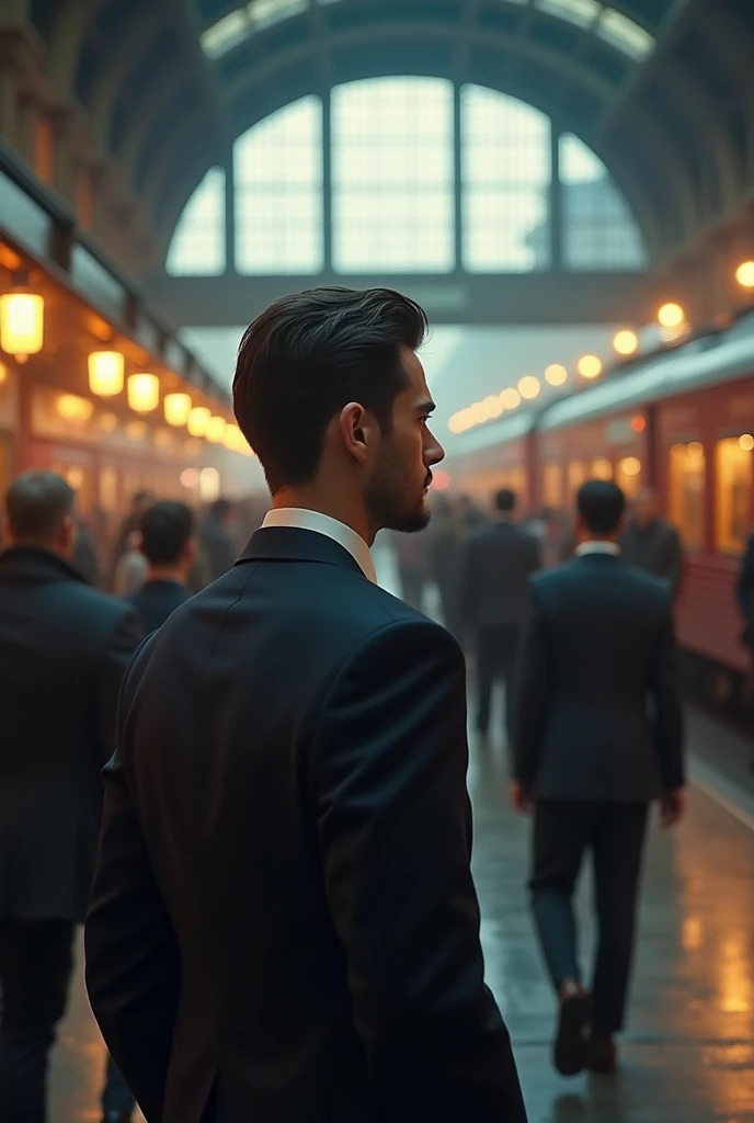 (photorealism:1.2),dari kejauhan tampak  seorang pria muda sangat tampan memakai setelan jas at the train station berjalan(sad facial expression looking at the departing train with a 360° view), at the train station, crowded with people, lights at night, wagon