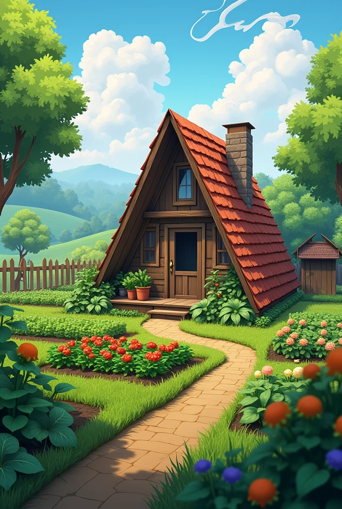 A-frame cabin surrounded by vegetable garden