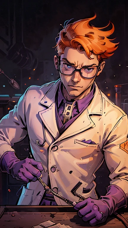 (1boy, Dexter), (extremely detailed CG unit 8k wallpaper),(master part), (best quality), (ultra detail), (best illustration),(art adams style), cowboy shot, (Sharp eyeliner, ombre, detailed eyes:1), (perfect composition:1.4), ((town background)), break , (Dan Mumford Background), upper body, (((photorealistic photo of a boy scientist, orange hair, glasses))), (((purple gloves, closed white lab-coat))),