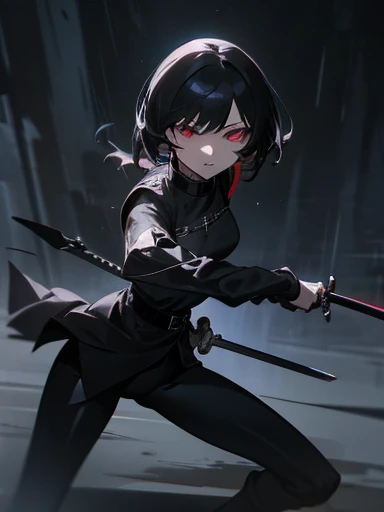 A female swordsman, detailed red sharp eyes, black uniform with collar and two-folded uniform, leggings, ((arming with a longsword)), slender, tall, masterpiece, high quality, hyper detailed, cinematic lighting, dramatic pose, dynamic action, intense expression, moody atmosphere, dark fantasy, dramatic shadows, vibrant colors, rich textures, digital painting