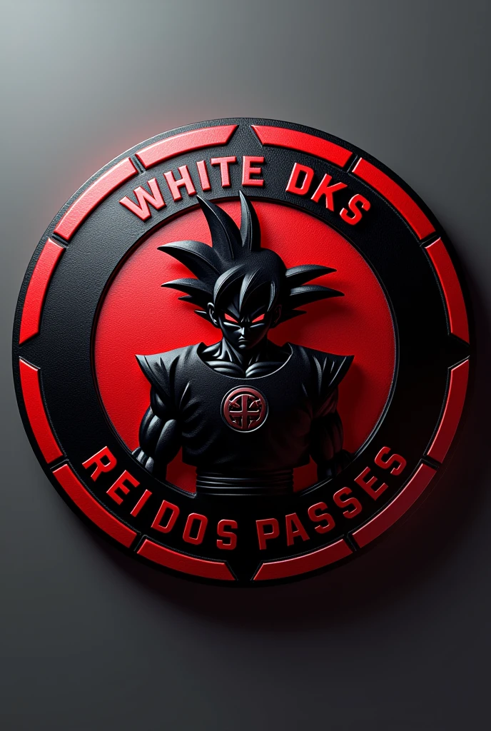 "Create a round football shield in a modern style with black and red colors. Place an image of Evil Goku at the center of the shield. Above the shield, include the team name 'White DKS,' and below the shield, add the text 'Rei dos Passes.' Ensure the design is sharp and in high-definition 4K."