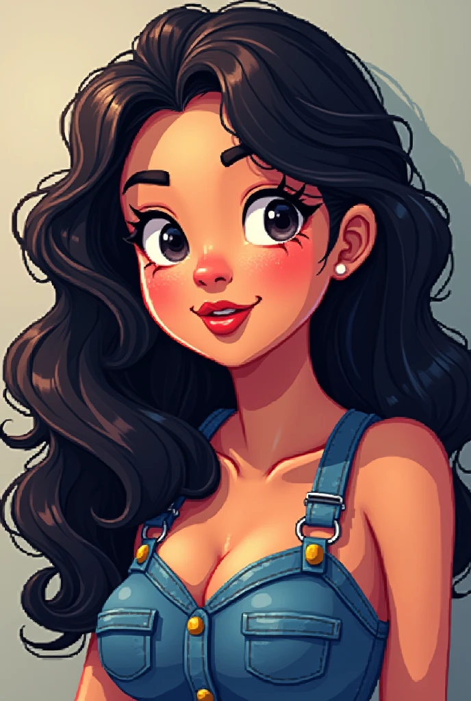 brunette woman, black person hair curly kinky layered long defined white streak, chubby, denim clothing, Brown eyes, reddened mouth, dark eyes, big and wide face, Disney pixel animation style wide nose