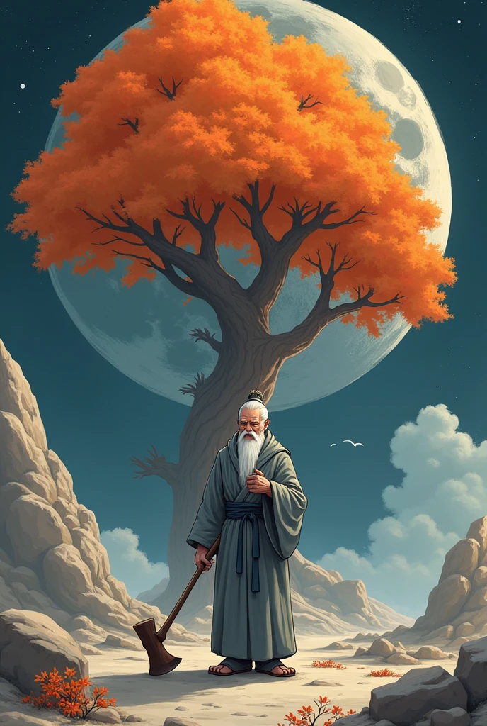A middle-aged man wearing gray monk clothes picked up an ax on the ground next to a 500-meter-tall orange osmanthus tree on the moon and prepared to chop down the orange osmanthus tree. Both the moon and the osmanthus tree should be highlighted in the cartoon version.