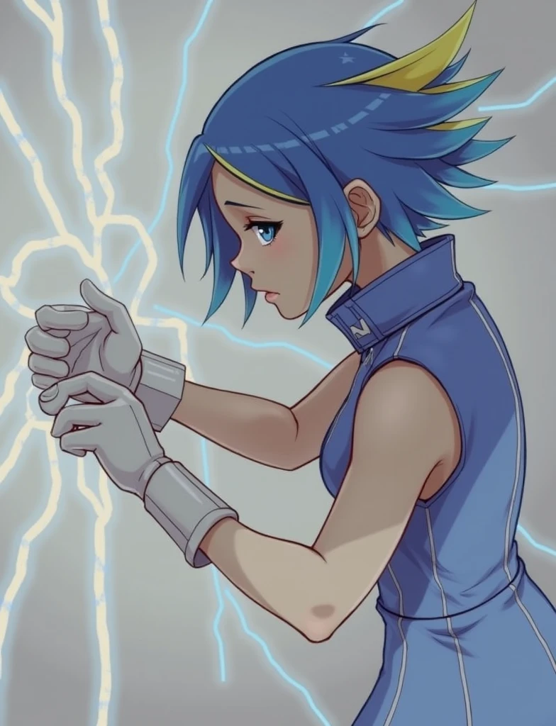 (Maximum quality), fantasy, blue and yellow hair, blue military suit, assessing, neon, electricity, slender girl, yellowish blue rays, High Definition, ultra detailed, in a hurry, Filipino girl, sleeveless suit, simple military gloves, agente especial de assessing radiante, short hair