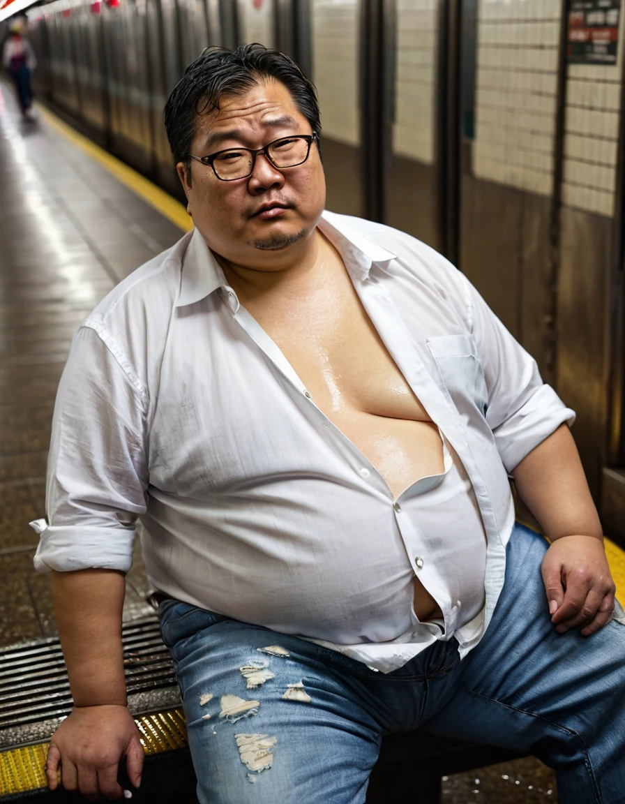 Man, Asian, 50 years old, Fat, Chubby, wearing glasses, a thin shirt, white shirt, unbuttoned, Shirtless, wearing jeans, Sitting, subway station, New York, Wet, Stained, Rainy, looking sad, night time, Top view.