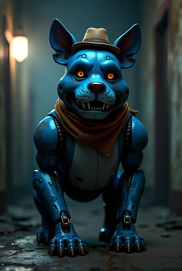 A Freddy Fazbear style animatronic blue pitbull with a hat and brown scarf 
