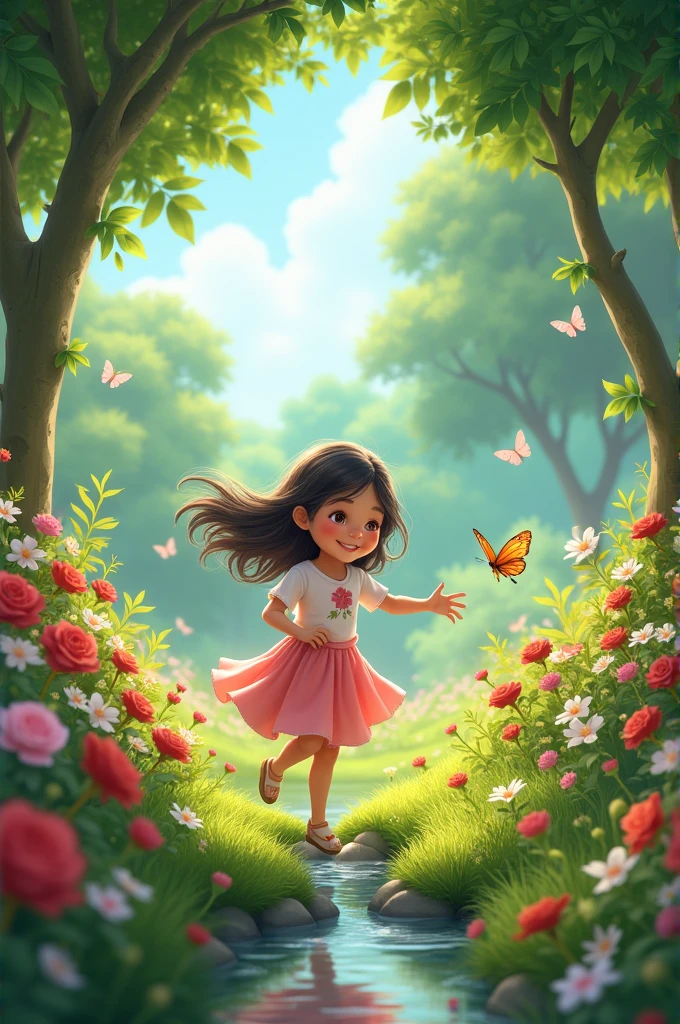 A young girl named Marium playing in a lush garden, surrounded by flowers and trees."