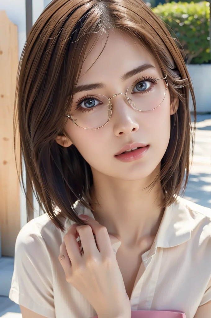 masterpiece、Highest quality、High resolution、wallpaper、Realistic、Bright lighting、Professional Lighting、Face Light、Smooth lighting、Japanese women、Adult female、Beautiful woman、The actress appears、so beautiful、Beautiful Skin、Beautiful and detailed、Detailed face、slim、Medium large breasts、short hair、Brunette Hair、Brown eyes、Soft look、Gentle expression、Looking at the camera、Fashionable clothes、Wear glasses、
