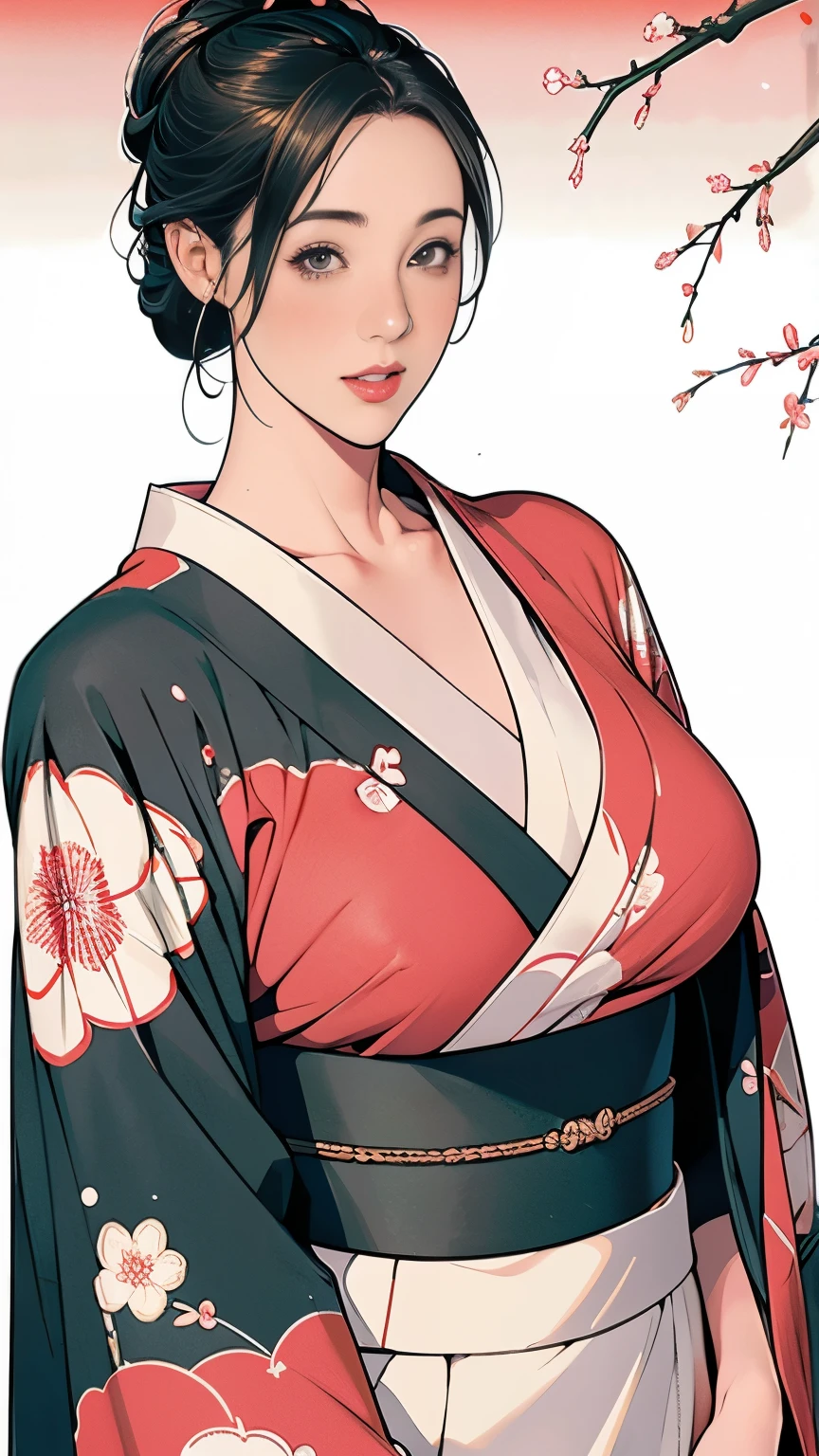 1，Japanese hairstyle，Photorealism，detailed，masterpiece，mature，((full))， (Broad shoulders), ((Huge))，（Beautiful long-sleeved kimono，Kimono，smile，masterpiece，high qualityのAn illustration,, An illustration：Zoe Mozart, pin up art byZoe Mozert, ヴィンテージpin up, ゾーイ・モザートによるAn illustration, girl pin up, pin up girl, pin upポスターガール, pin upガール, pin up, pin upガール,30 years old、high quality，Are standing，High Resolution 4K Information,Kyoto,Cherry tree,